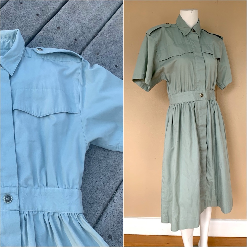 Vintage Button Up Midi Shirt Dress | Military A-Line Dress w Shoulder Pads